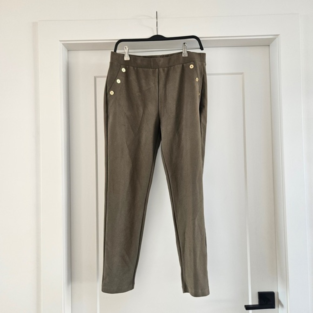 Michael Kors Olive Green Slim Tapered Men’s Pants with Button Detail